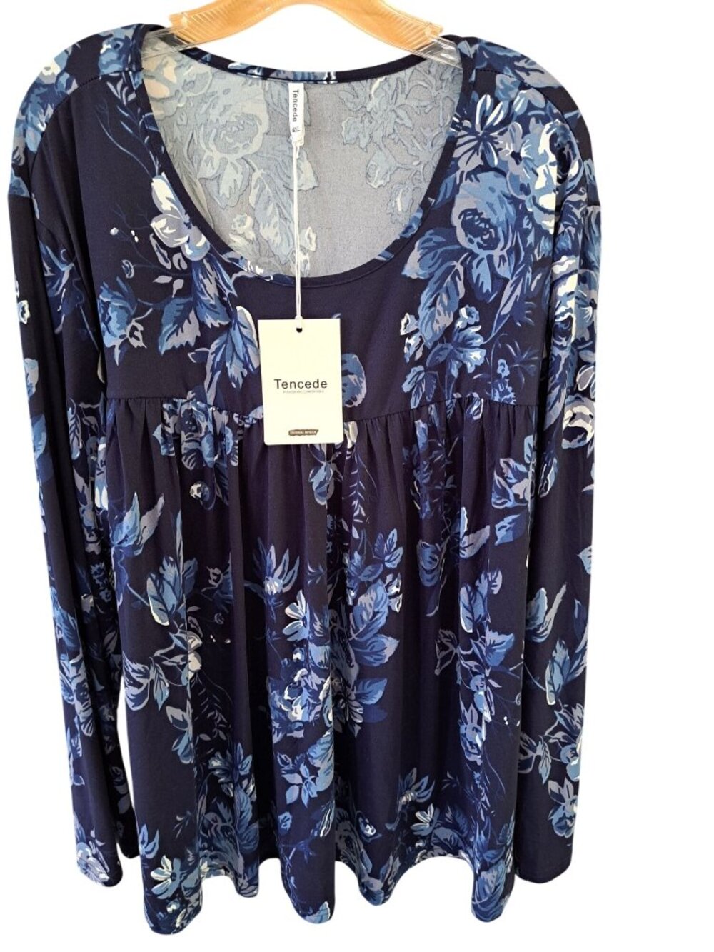 New Tencede 4XL Women's Long Sleeve Floral Print Tunic Top Navy Blue Plus Size